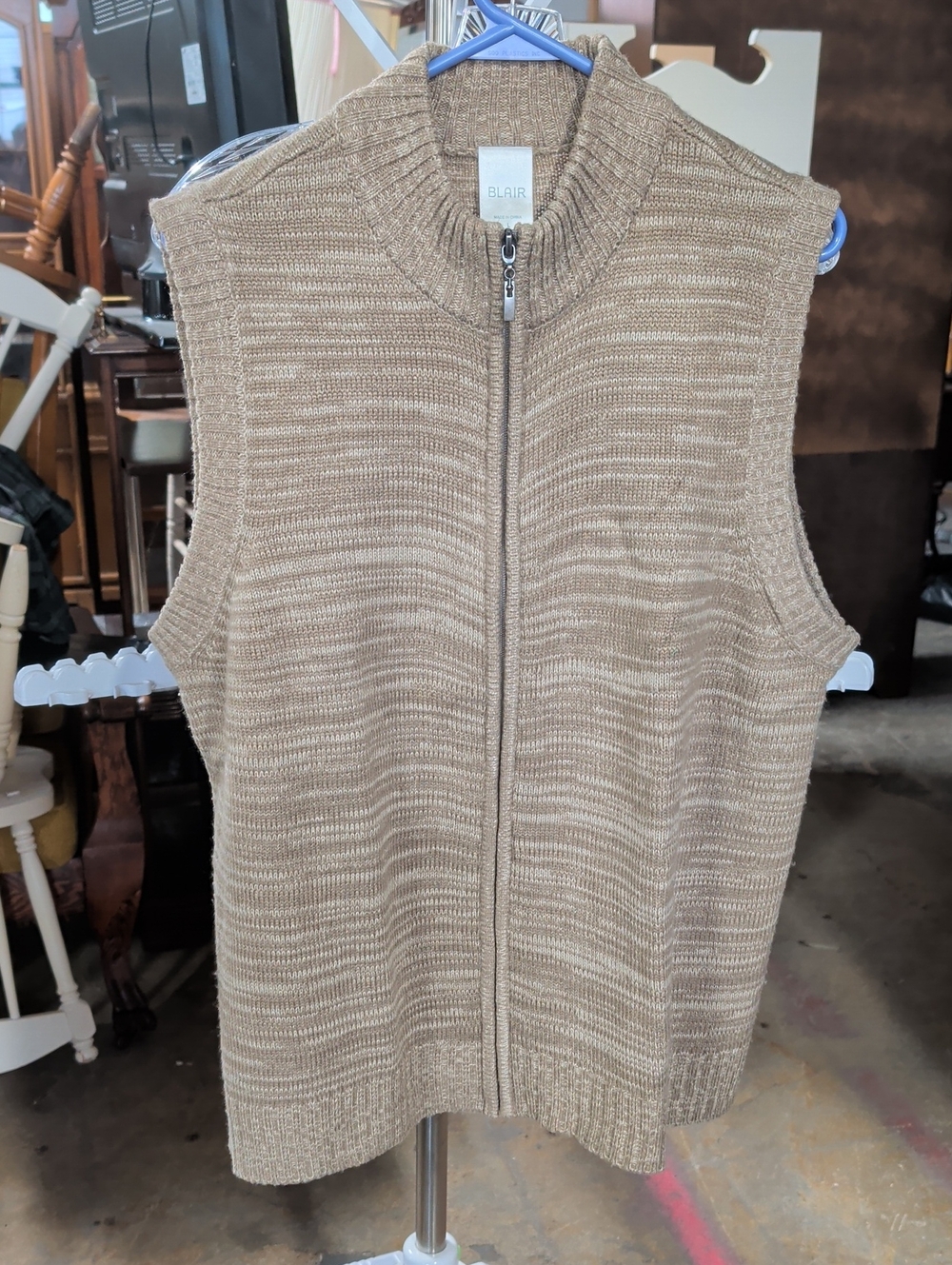 Blair Acrylic Zip-Up Sleeveless Sweater Vest in Beige-Tan Knit